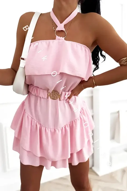 kombinezon hiszpanka bez rękawów z paskiem jasny róż