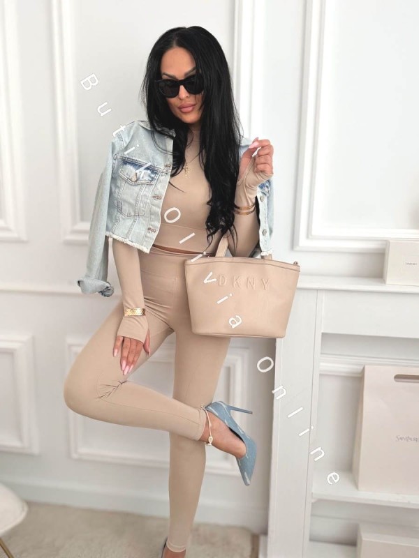 Beżowy komplet dopasowany lycra bluzka z otworem na kciuk i legginsy z wysokim stanem