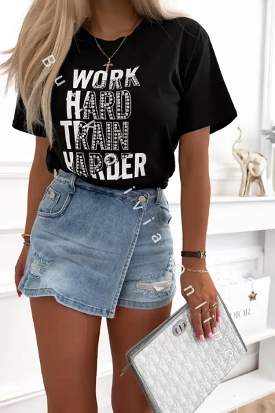 czarny damski t-shirt z napisem work hard