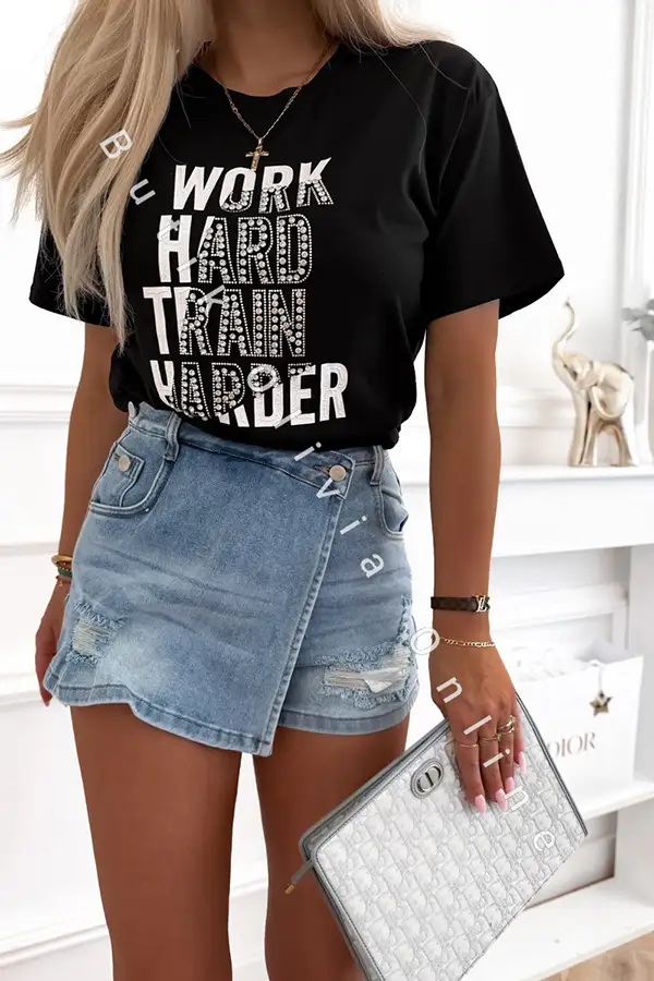 czarny damski t-shirt z napisem work hard