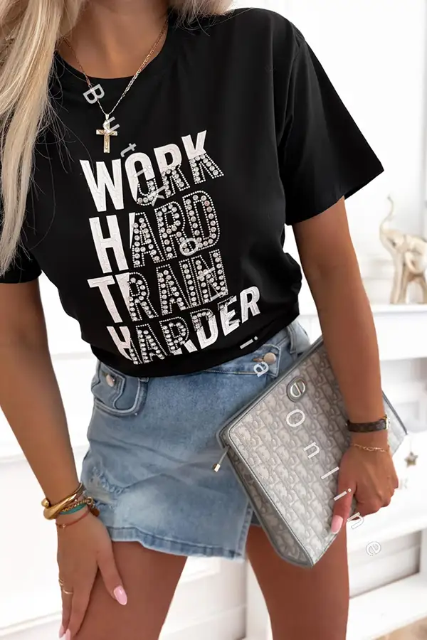 czarny damski t-shirt z napisem work hard