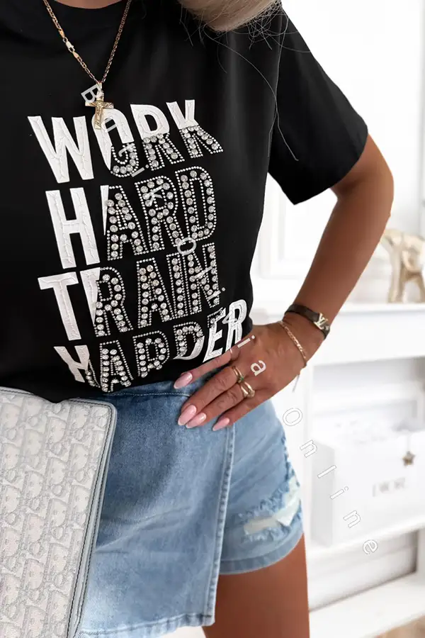 czarny damski t-shirt z napisem work hard