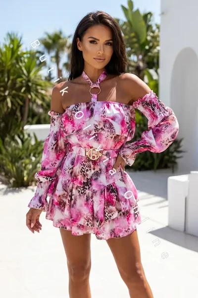 letni krótki kombinezon hiszpanka z paskiem w stylu boho w różowy print panterki