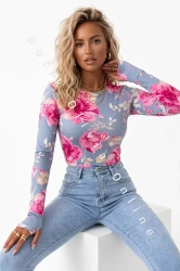 Bluzka dopasowana w kwiaty EVERLINE - jeansowa
