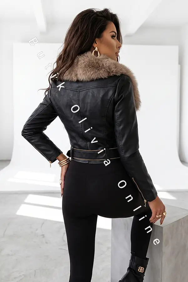 ocieplana czarna ramoneska z beżowym futrem i paskiem