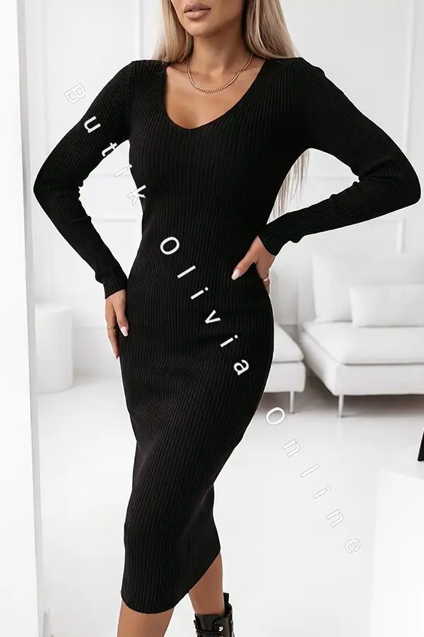 sukienka prążkowana sweterkowa czarna z dekoltem v-neck
