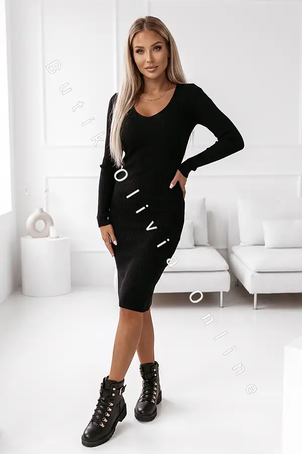 sukienka prążkowana sweterkowa czarna z dekoltem v-neck