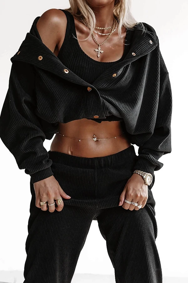 3-czesciowy czarny komplet bluza oversize top i spodnie