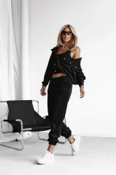 Komplet 3-częściowy bluza oversize + top + spodnie TRIO - czarny