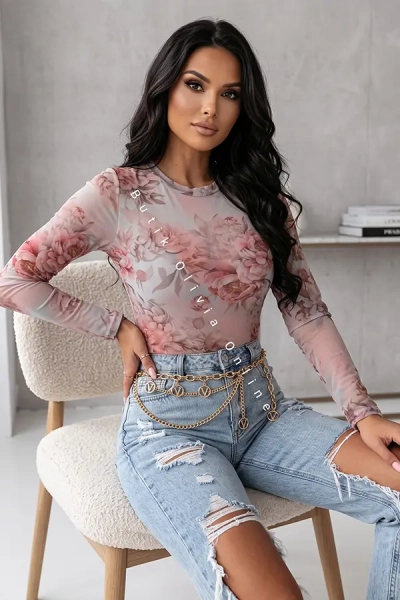 transparentne niebieskie body siatka w kwiatowy print