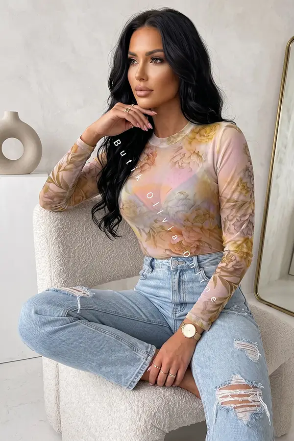 żółte transparentne body siatka w kwiaty