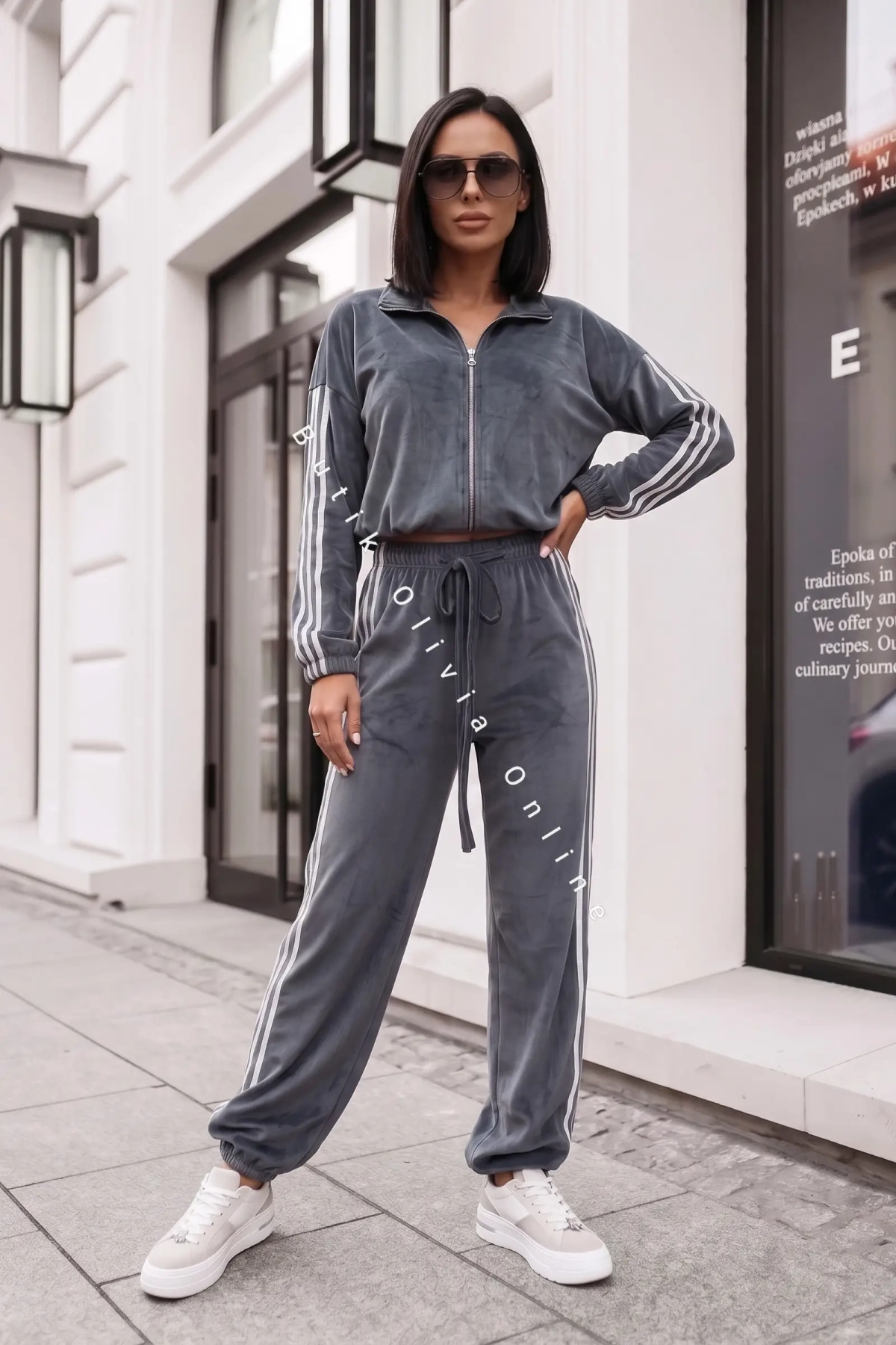 dres welurowy bluza na zamek i spodnie grafitowy