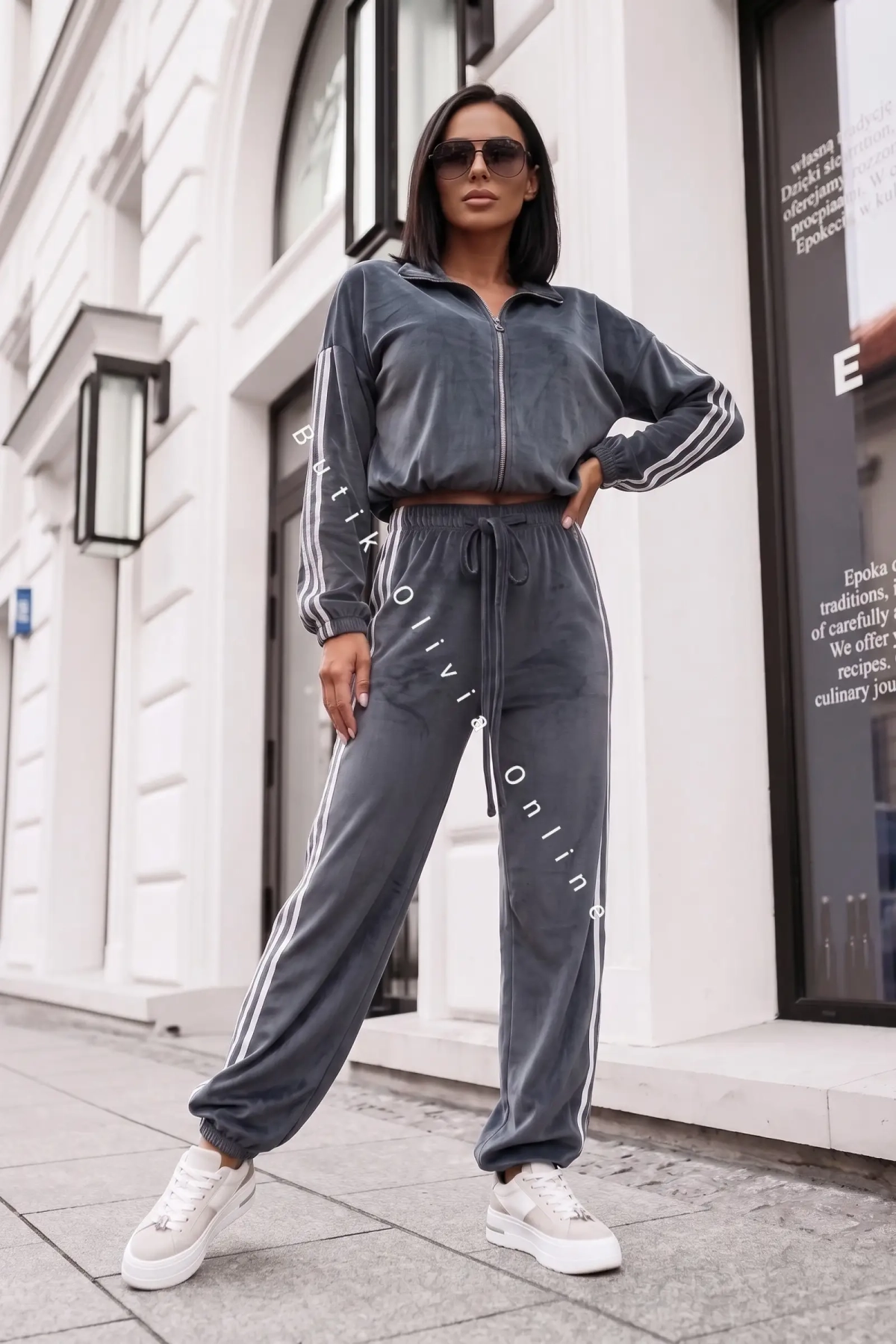 dres welurowy bluza na zamek i spodnie grafitowy