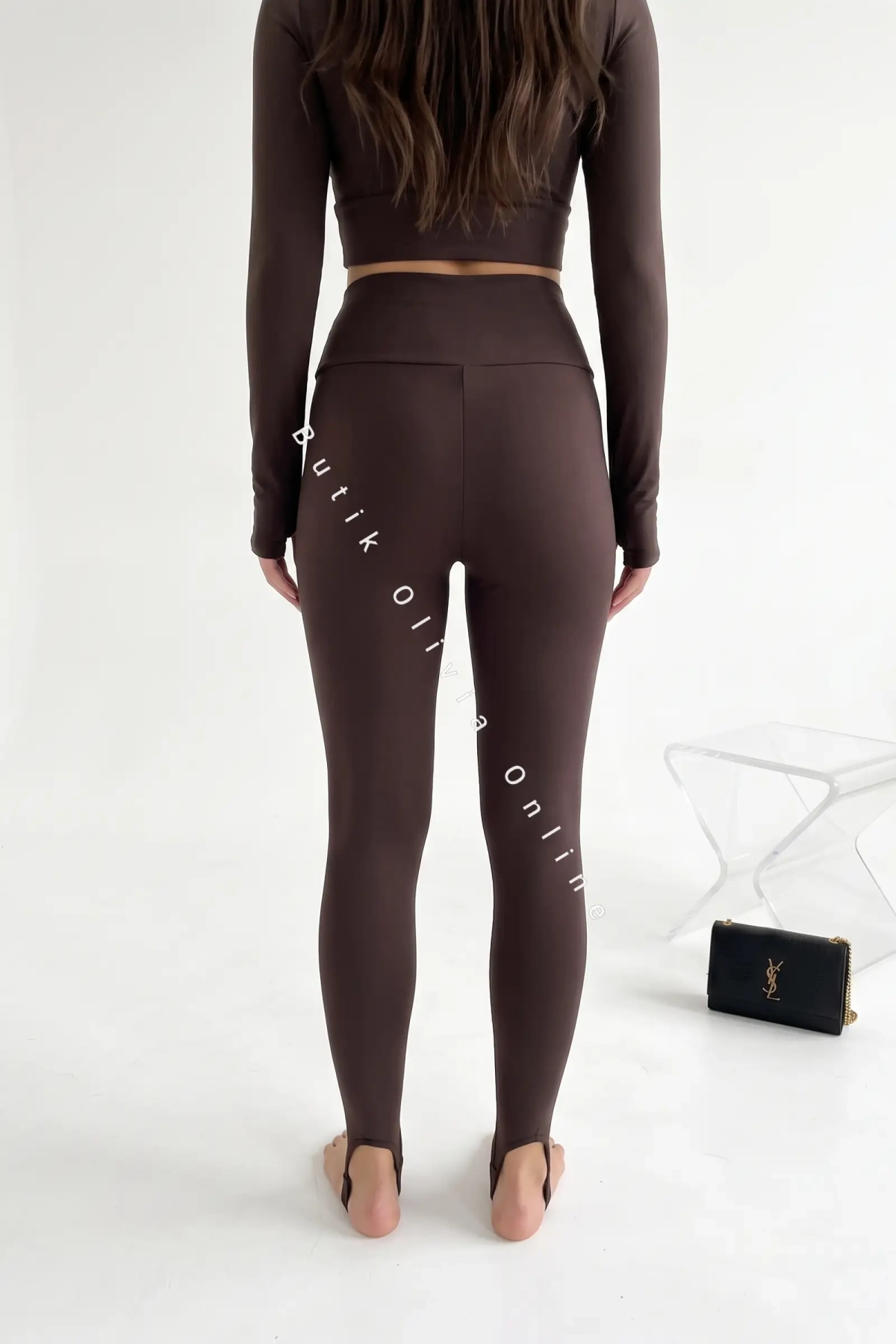 komplet modelujący ocieplany bluzka legginsy z wysokim stanem czekoladowy