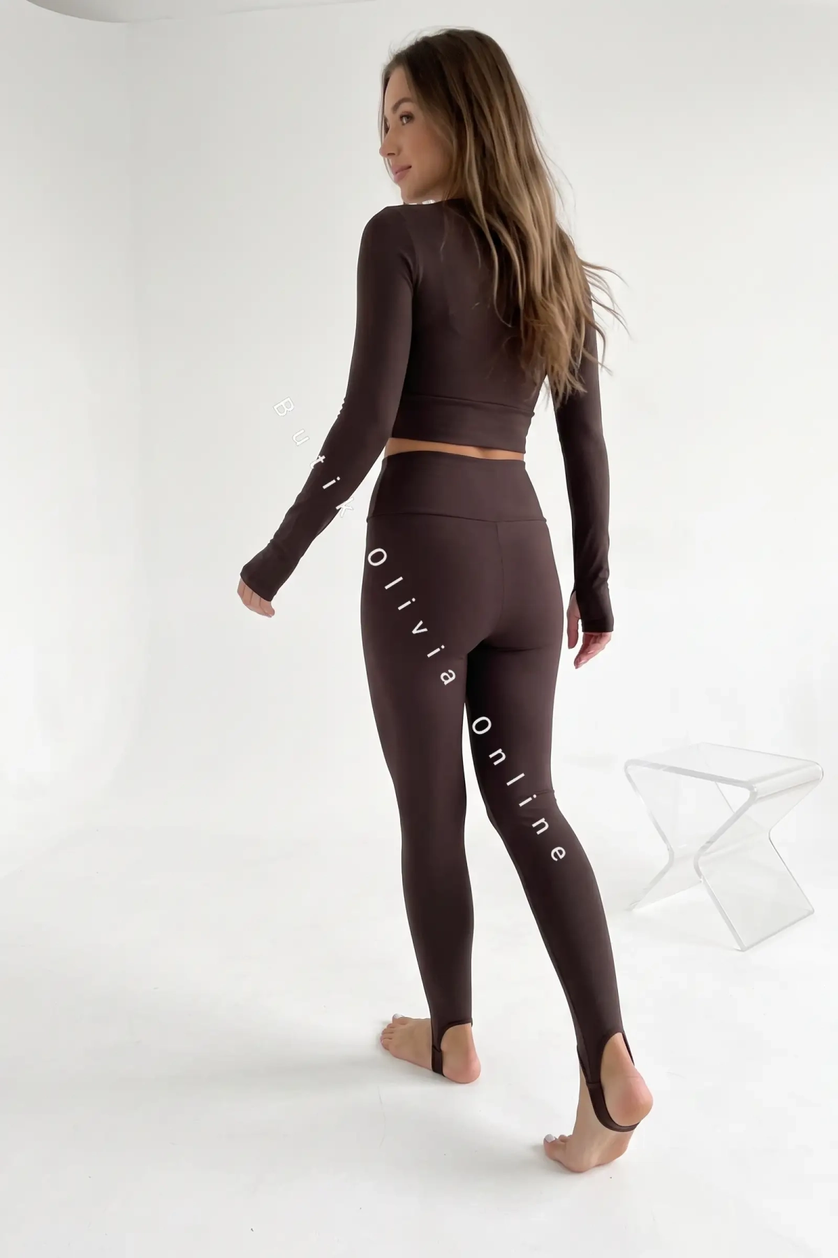legginsy z zapiętkami ocieplane z wysokim stanem czekoladowe